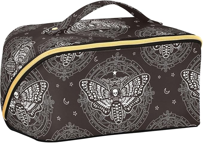 MNSRUU Makeup Organizer Bag, Skull Butterfly Black Travel Makeup Bags Makeup Vanity Case Large Capacity Rhombus Cosmetic Toiletry Bag for Girl Women Ladies
