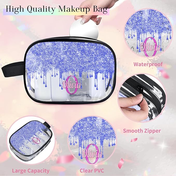 KFNHN Personalized Name Clear Makeup Bag, Custom Women Transparent Cosmetic Travel Toiletry Bag Pouch Organizer for Vacation Weekend, Bright Blue Curtain Glittery