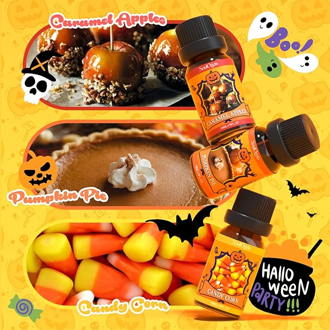 Soulorigin Halloween Fragrance Oils Set, Essential Oil for Diffuser, Diffuser Oil, Use for Soap Candle Making,Caramel Apples, Pumpkin Pie, Candy Corn, Halloween Cookies, Popcorn Balls, Snickers Bars
