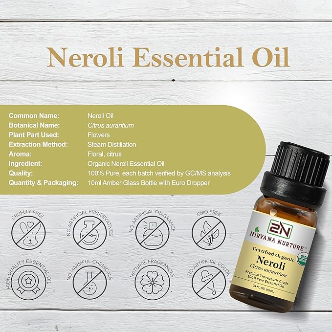 Nirvana Nurture Neroli Essential Oil, USDA Certified Organic, 100% Pure Undiluted, Aromatherapy Oil for Diffuser, Hair & Skin Care
