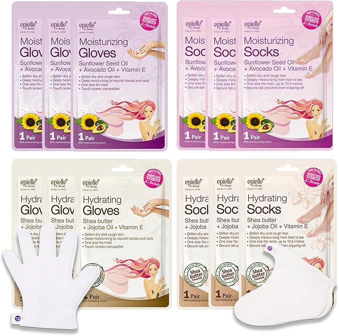 Epielle Hydrating & Moisturizing Hand & Foot Masks, Relieve and Soften Dry, Rough Skin, Self Care Gifts for Women, Spa Kit, 6 Moisturizing Gloves & 6 Moisturizing Socks