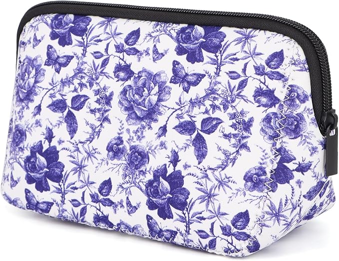 AJLTPA Waterproof Neoprene Cosmetic Bag, Blue & White Rose Floral