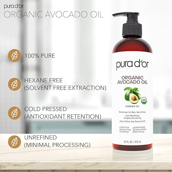 PURA D'OR ORGANIC Avocado Oil (16 Oz) 100% Pure & Natural USDA Certified Cold Pressed
