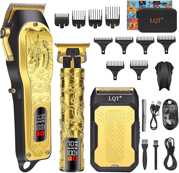 LQT Professional 3-in-1 Haircut and Shaving Set, Gold Design LED Display 17 Accessories + Travel Storage Box, Equipped with Large Capacity Battery, Holiday Gift, Men's Gift