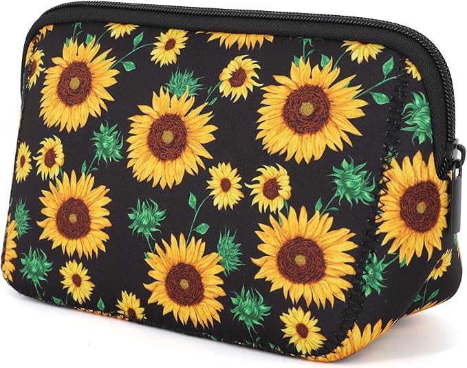 AJLTPA Waterproof Neoprene Cosmetic Bag, Black Sunflower