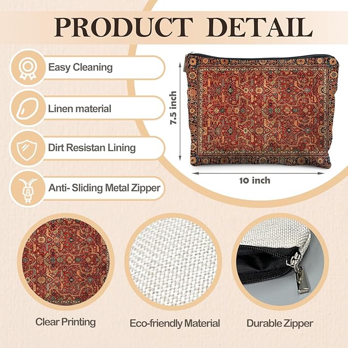 RYYCDOI Vintage Boho Tribal Makeup Bag, Traditional Red Rug Style Makeup Bag, Vintage Retro Ethnic Pattern Cosmetic Bag Gifts for Women Friends