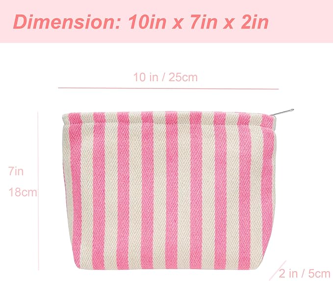 Flat Makeup Bag for Women,Zipper Cosmetic Pouch for Purse,Stripe Pink
