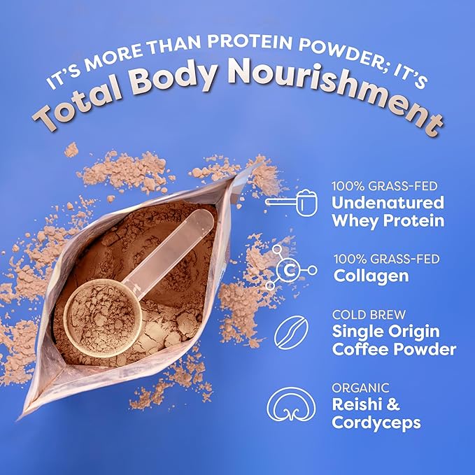 FlavCity All in One Protein Shake Powder, Butter Coffee - 55mg Caffeine + Collagen Peptides, Reishi & Cordyceps - Focus, Skin, Hair & Joint Support - 100% Grass Fed Whey, 20 Servings