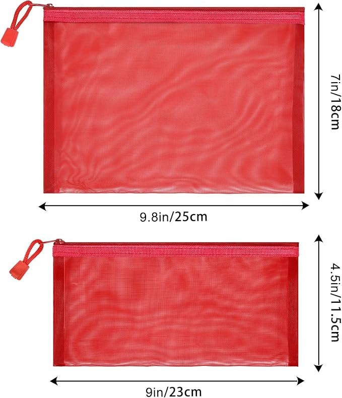 Sinzip 12 Pieces Zipper Nylon Mesh Pouch, Mesh Cosmetic Bags Makeup Bags Pencil Case, Multipurpose Travel Bags for Cosmetic School Office Supplies and Travel Accessories (Red, A5)