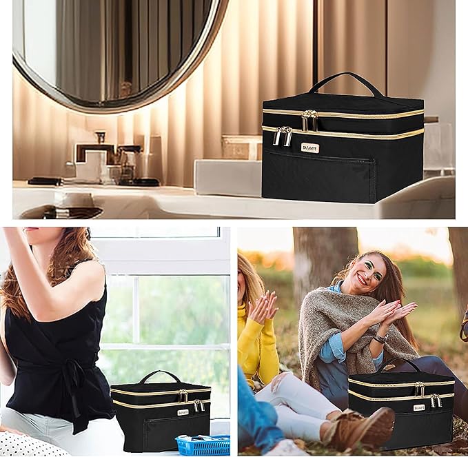 BAFAMYE 8.8L Double Layer Travel Makeup Bag Women, Large Cosmetic Case, Organizer for Travel-Size Accessories Bottles, Brushes, and Skin Care Products, Black 2.33 GAL
