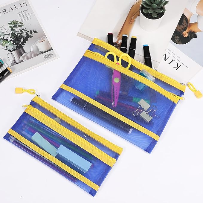Sinzip 12 Pieces Zipper Nylon Mesh Pouch, Mesh Cosmetic Bags Makeup Bags Pencil Case, Multipurpose Travel Bags for Cosmetic School Office Supplies and Travel Accessories (2 Layers-Blue, A5)