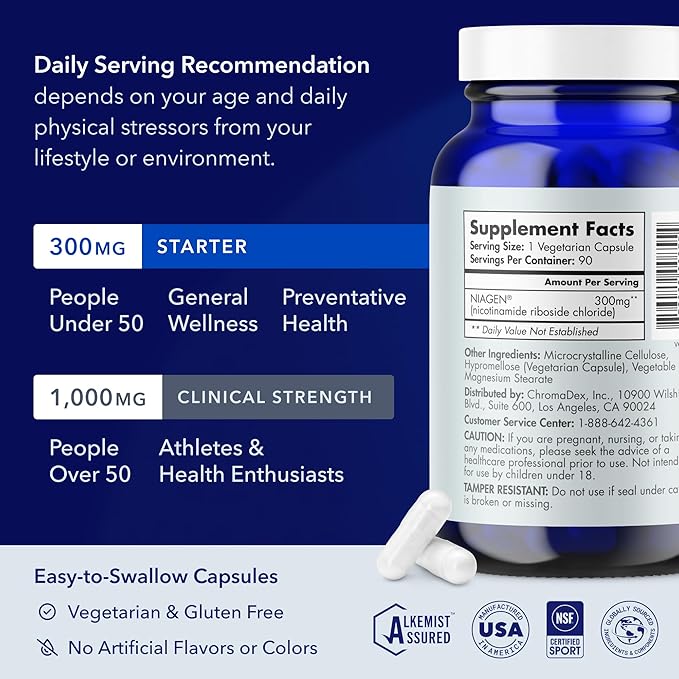 TRU NIAGEN Patented NAD+ Supplement, 300mg Niagen, 180 Servings | Nicotinamide Riboside (NR) Take 1 Daily | 2 Bottles