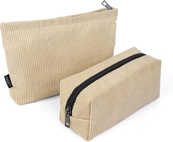 MAGEFY Small Makeup Bag 2 Pcs Corduroy Makeup Bag for Purse Zipper Make up Bag Travel Cosmetic Bag for Women Makeup Pouch for Travelling Preppy Stuff - Beige