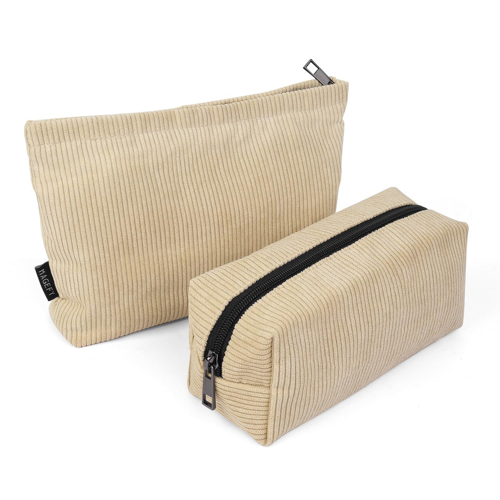 MAGEFY Small Makeup Bag 2 Pcs Corduroy Makeup Bag for Purse Zipper Make up Bag Travel Cosmetic Bag for Women Makeup Pouch for Travelling Preppy Stuff - Beige