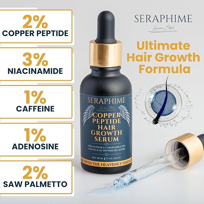 Seraphime Copper Peptide Serum for Hair Growth - Caffeine, Niacinamide, Rosemary Oil, Saw Palmetto Hair Density Serum, Topical Tripeptide Scalp Care for Hair Thinning, Women & Men 1 fl oz