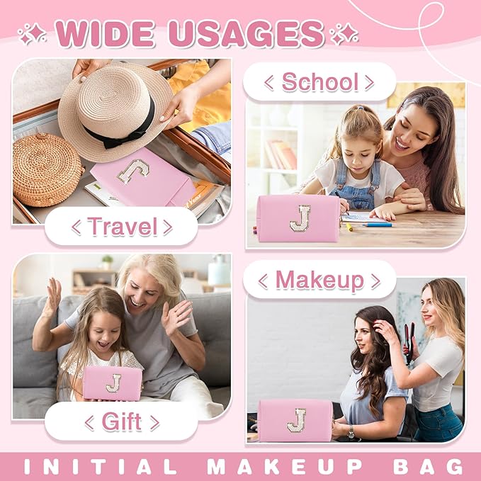 Small Personalized Initial A-Z Patch Makeup Bag,Pink Cute PU Leather Glitter Letter Cosmetic Bag for Teen Girls,Travel Toiletry Bag with Zipper,Preppy Monogrammed Birthday Gift for Daughter Niece J