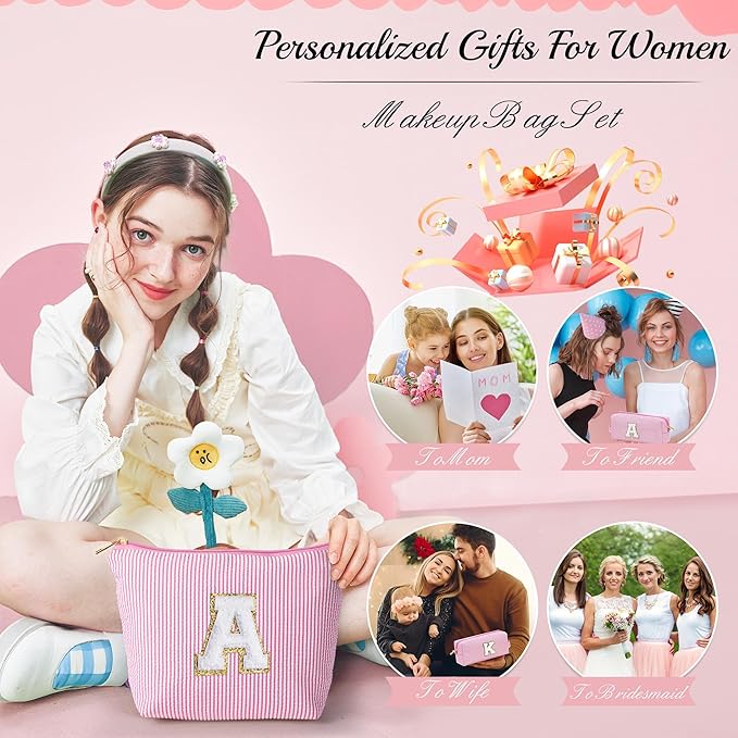 YOOLIFE Birthday Gifts for Women Teen Girls Kids Initial Makeup Bag Pink A
