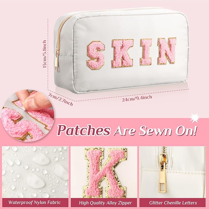 Remerry 4 Pcs Nylon Makeup Bags Waterproof Spacious Travel Cosmetic Bag for Women Chenille Letter Preppy Zipper Pouch Face Stuff Skin Hair Organizer Gift(Rose Red, Pink, Light Pink, White)
