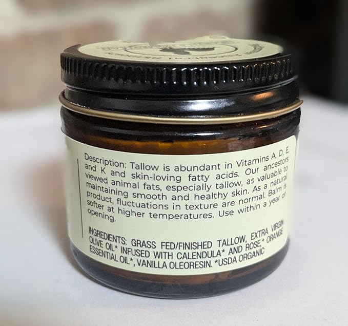 Hearth & Homestead Whipped Beef Tallow for Skin & Face - 100% Grass Fed, Eczema Cream & Body Butter, Organic Olive Oil, Calendula & Rose, Lotion & Hand Moisturizer for Dry Skin, Vanilla Orange, 1.3oz
