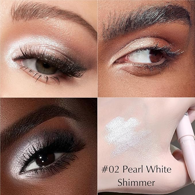Wugbc Pearl White Eyeshadow Stick, Shimmer Cream Eyeshadow Long-Lasting Eye Brightener Stick High Pigmented Glitter Highlighter Makeup Pencil Crayon with Blending Brush & Built-in Sharpener