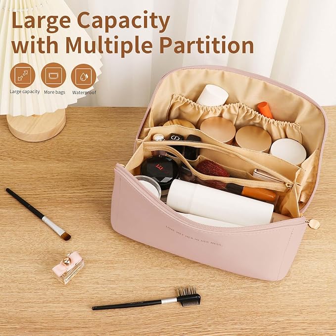 zaleeta Travel Makeup Bag, Large Capacity Cosmetic Organizer Bags for Women, Waterproof PU Leather Toiletry Bags, Wide Open Flat Makeup Case with Divider and Handle