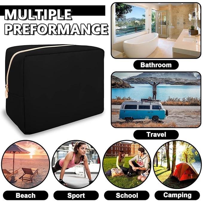 UIXIZQ Waterproof Large Makeup Pouch,Nylon Women Travel Toiletry Storage Preppy Cosmetic Bag for Girls,Big Makeup Organizer Bag Cute Zipper Pouch for Sport Work Gift(Large-Black)