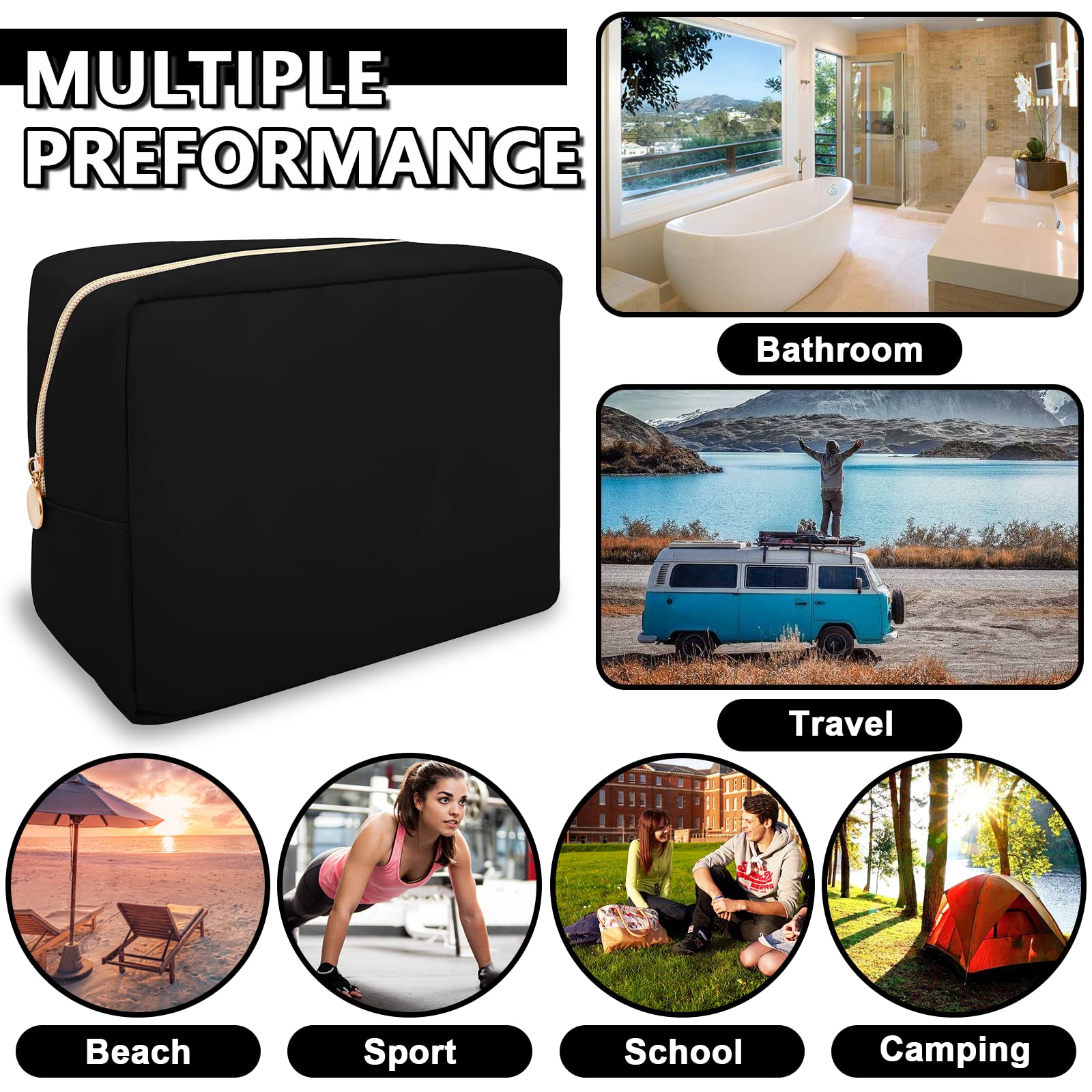 UIXIZQ Waterproof Large Makeup Pouch,Nylon Women Travel Toiletry Storage Preppy Cosmetic Bag for Girls,Big Makeup Organizer Bag Cute Zipper Pouch for Sport Work Gift(Large-Black)