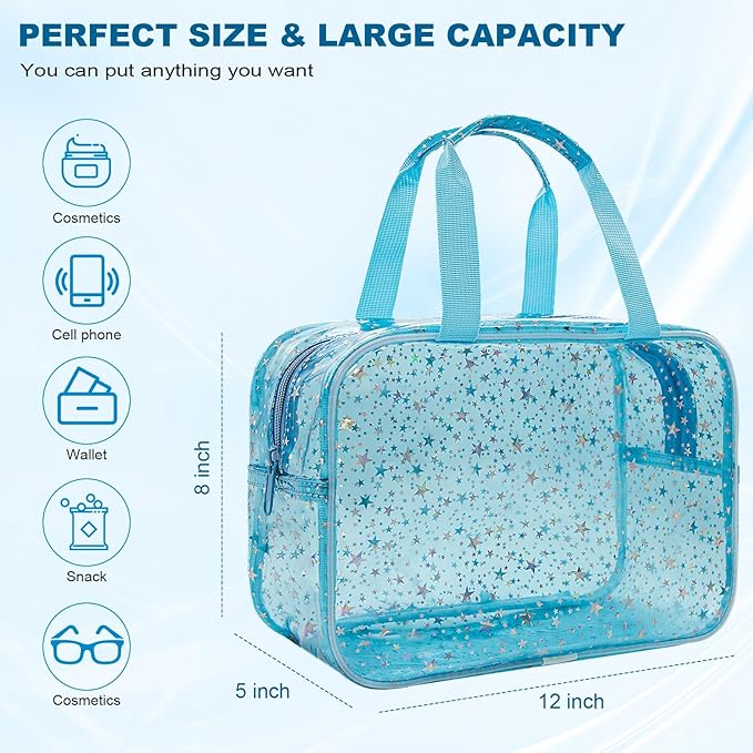 Junesters Clear Blue Star Large Makeup Bag with Star Pattern 12x5x8 inch, Travel Cosmetic Bag with Handle, Durable PVC Material Washbag Zipper Opening Design for Makeup Travel Organizer or Gym Use