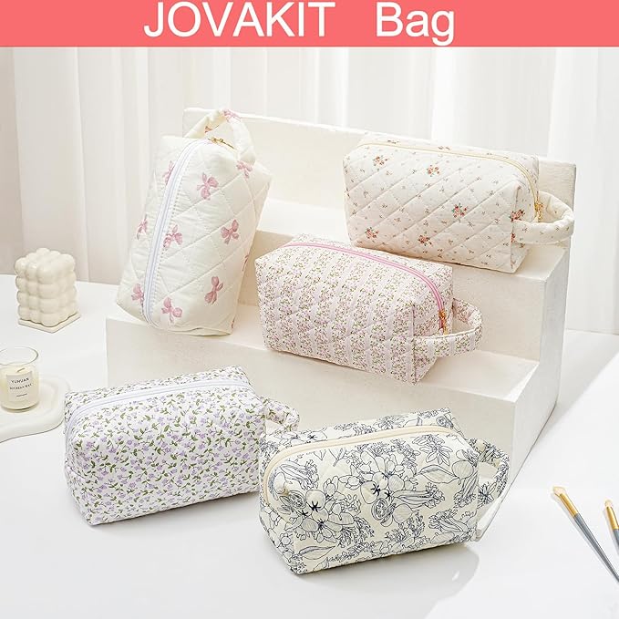 JOVAKIT Travel Makeup Bag Cosmetic Bag for Women, Christmas Gifts, Small Floral Flowers Coquette Toiletry Bag with Handle, Zipper Make Up Pouch Organizer Bag Trendy Stuff (Yellow Floral)