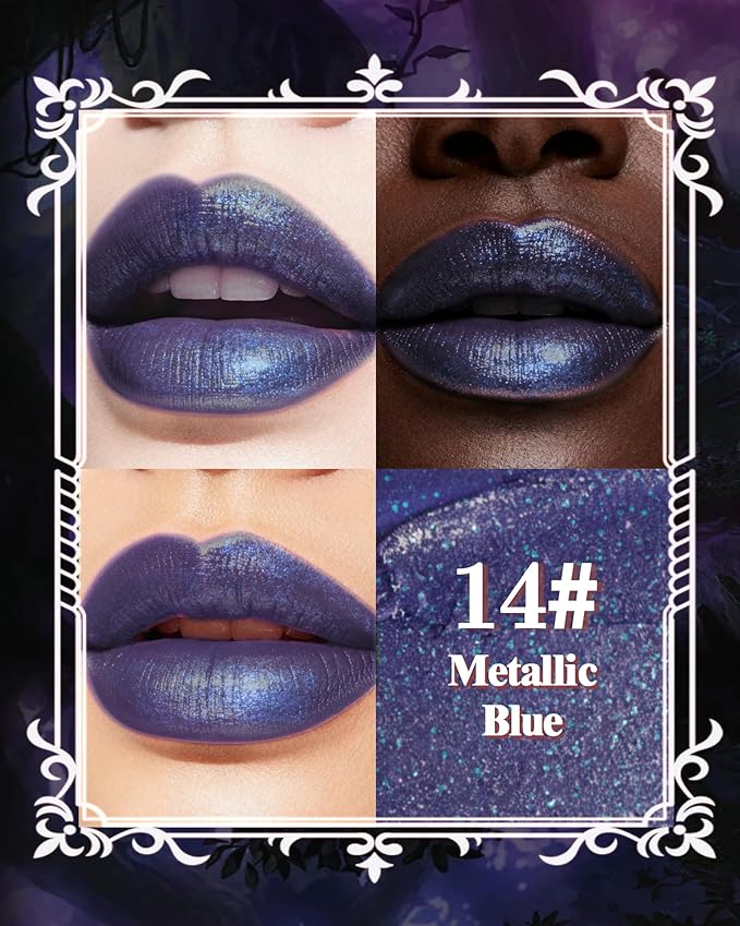 Caedelfly Glitter Metallic Shimmer Lipstick, Blue Lipstick Long Lasting, Diamond High Pigmented Shiny Metallic Lip Stick, Non-sticky Sparkly Lipsticks for Women Christmas Makeup-14 Blue