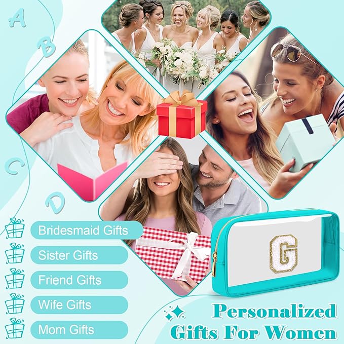 Personalized Initial Letter Clear Makeup Bag,Preppy Small Nylon&PVC Cosmetic Zipper Bag with Chenille Letter,Portable Beach Travel Skincare Toiletry Bag,Trendy Monogram Gift for Teen Girls Women,G