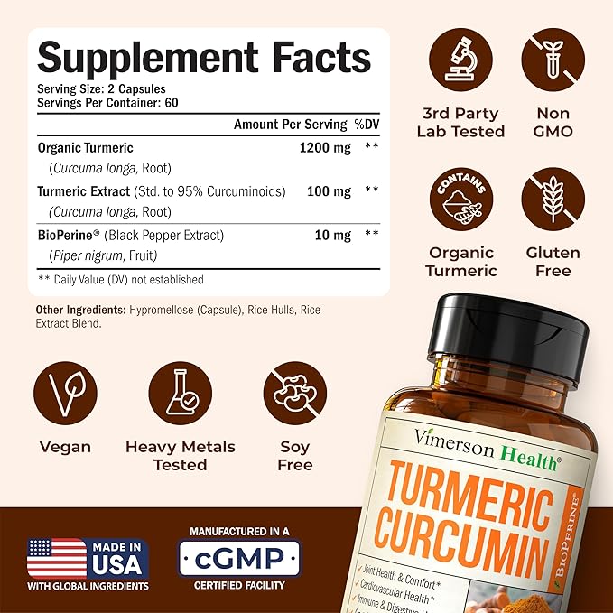 Turmeric Curcumin Supplement – 1200mg Organic Turmeric Curcumin with Black Pepper Extract for Max Absorption – Digestive & Joint Supplements for Men & Women w. Tumeric Extract & Bioperine – 120 Caps