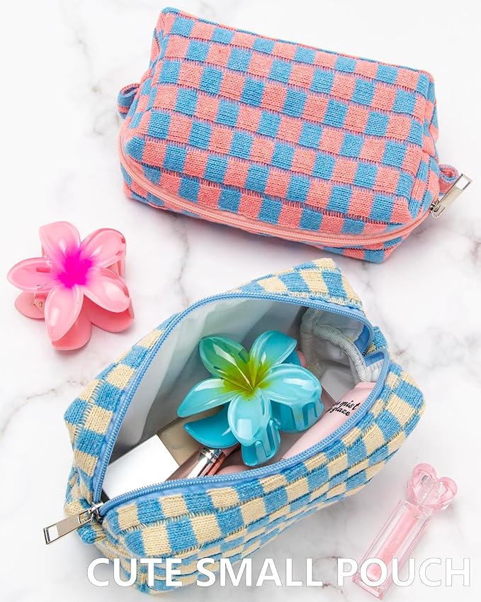 Checkered Makeup Bag for Purse, Small Cosmetic Pouch,Blue Beige,2 Pack