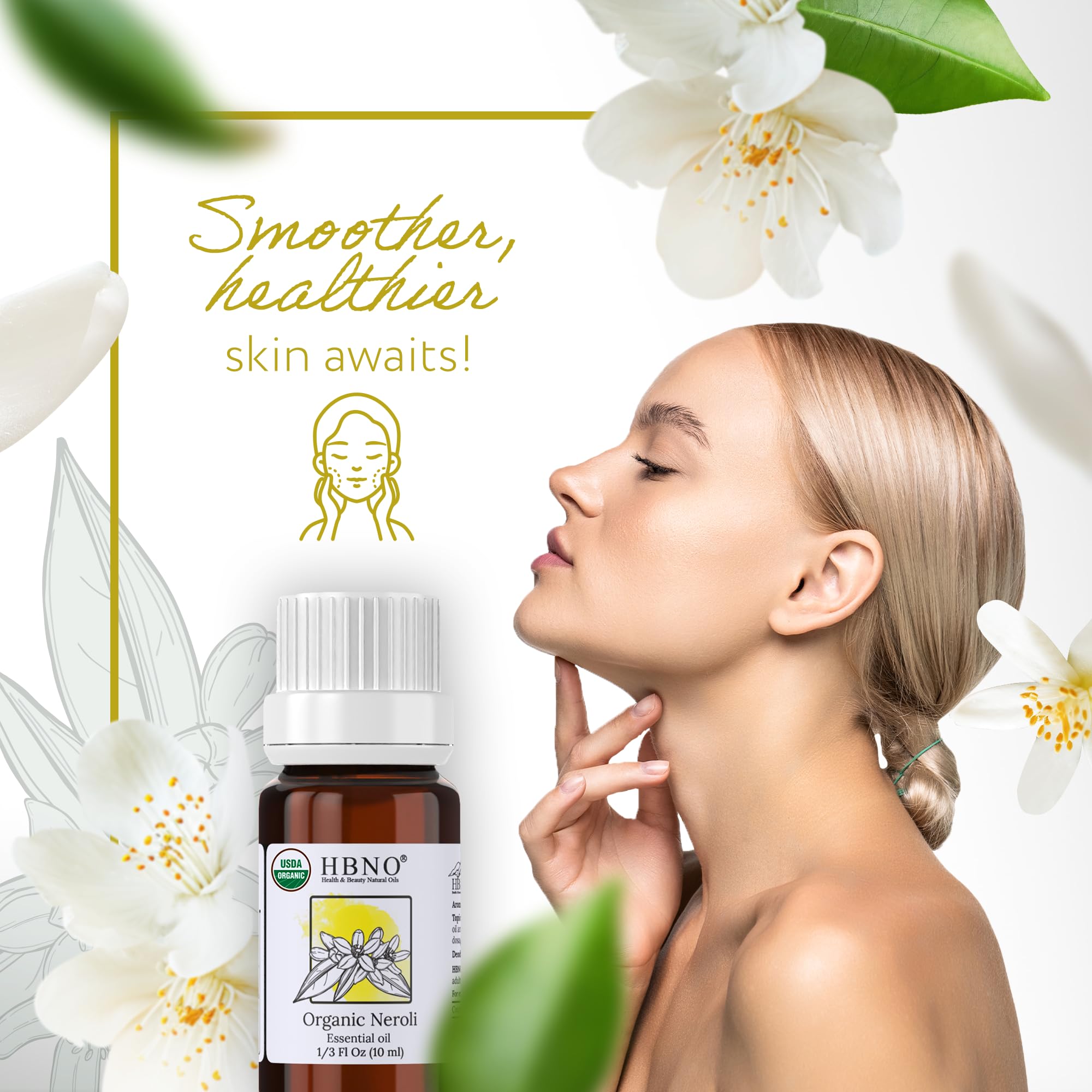 HBNO Organic Neroli Essential Oil- 1/3 oz (10ml) Size - Ideal for Diffusers, Cleaning Agents, Skincare, and Haircare.