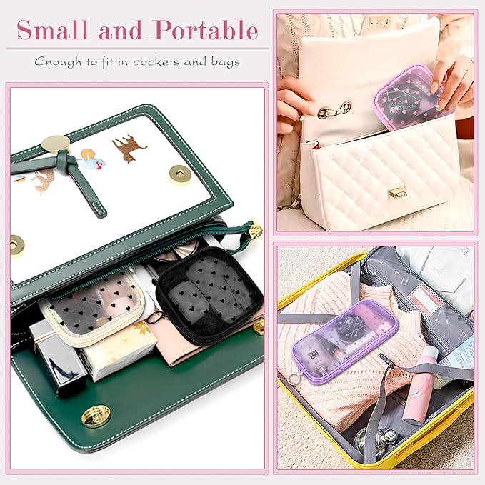 4 Pieces Mini Zipper Nylon Mesh Pouch, Mesh Cosmetic Bags Makeup Bags, Multipurpose Travel Toiletry Bags for Office Supplies and Travel Accessories (Heart Print-Beige, M)