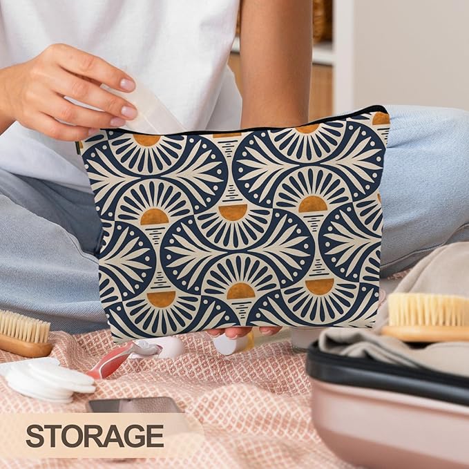RYYCDOI Boho Gifts for Women, Boho Orange Sunset Leaf Aesthetic Makeup Bag, Boho Makeup Bag for Women, Vintage Boho Sunrise Sunset Cosmetic Bags Toiletry Bag, Boho Beach Bag(PU)
