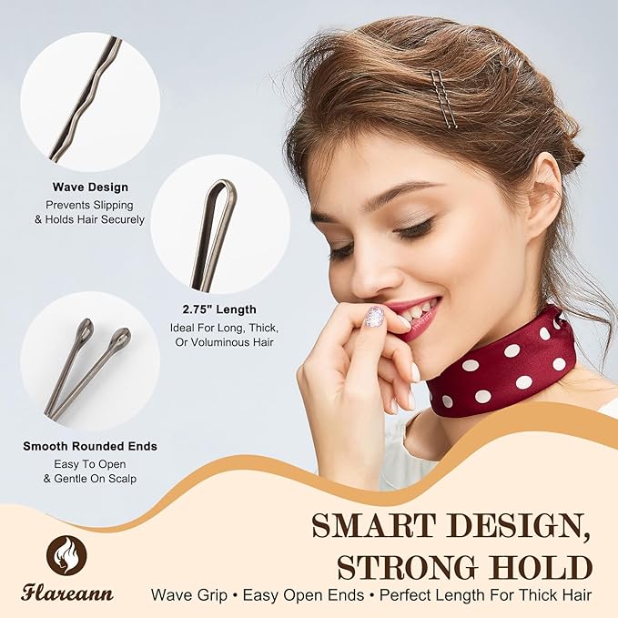FLAREANN Gray Bobby Pins Set with U Shape Pins, Spiral Pin & Snap Clips