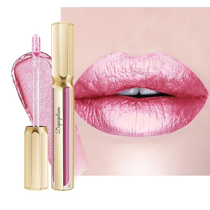 Depuplum Pink Lipsticks for Women Metallic Glitter Lipstick Long Lasting
