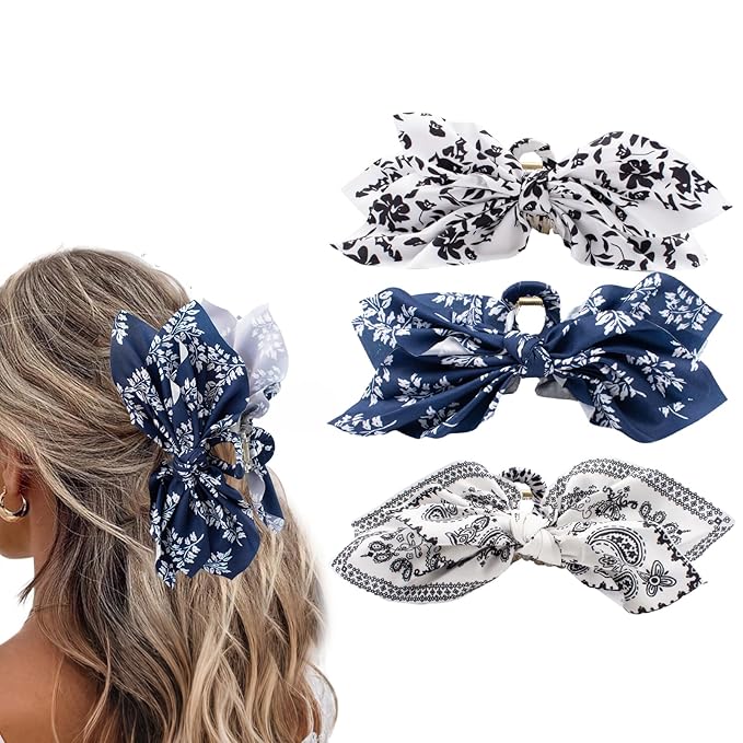 Hadutrek Bow Claw Clips Bow Hair Clips Blue White 3PCS Big Hair Bows for Women Butterfly Styling Large Hair Clips for Thick Hair for Girls Hair Accessories for Teen