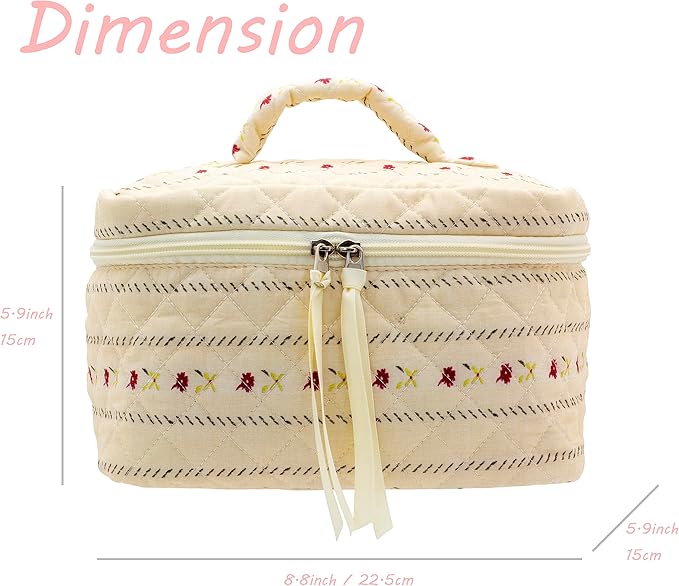 Quilted Makeup Bag for Women, Travel Cosmetic&Toiletry Bag,Flower Beige