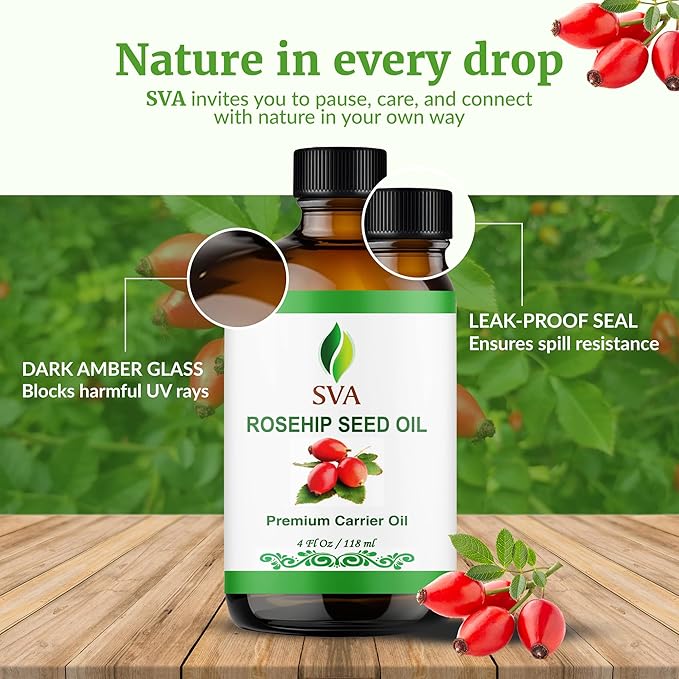 SVA Rosehip Seed Oil 4 Fl Oz - for Face, Skin Care, Hair Care, Scalp Massage & Body Massage – Carrier Oil with Dropper