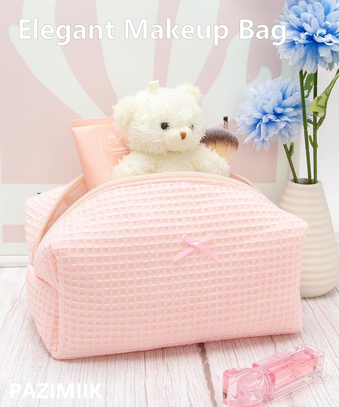 PAZIMIIK Cozy Makeup Bag for Women,Zipper Cosmetic Pouch,Waffle Pink,6 Pack