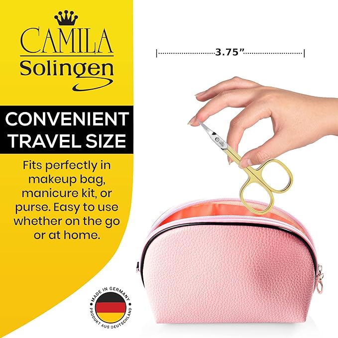 Camila Solingen CS04 Professional Nail Cuticle Scissors, Hypoallergenic Gold Plated Sharp Curved Manicure Pedicure Grooming for Finger and Toe Nail Care. Made of Carbon Steel in Solingen, Germany