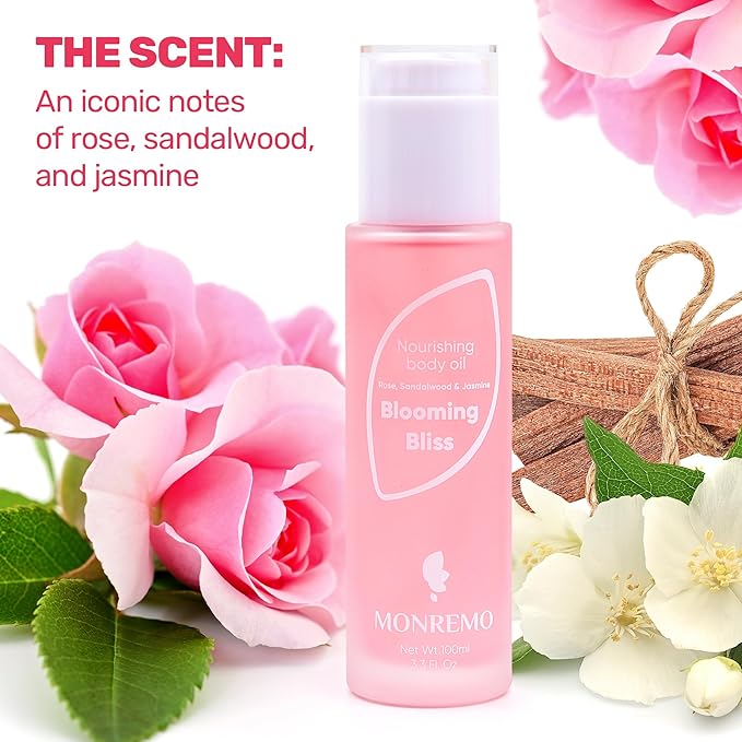 MONREMO After Shower Body Oil for Women, Rose Jasmine Scent, 3.3 Fl Oz