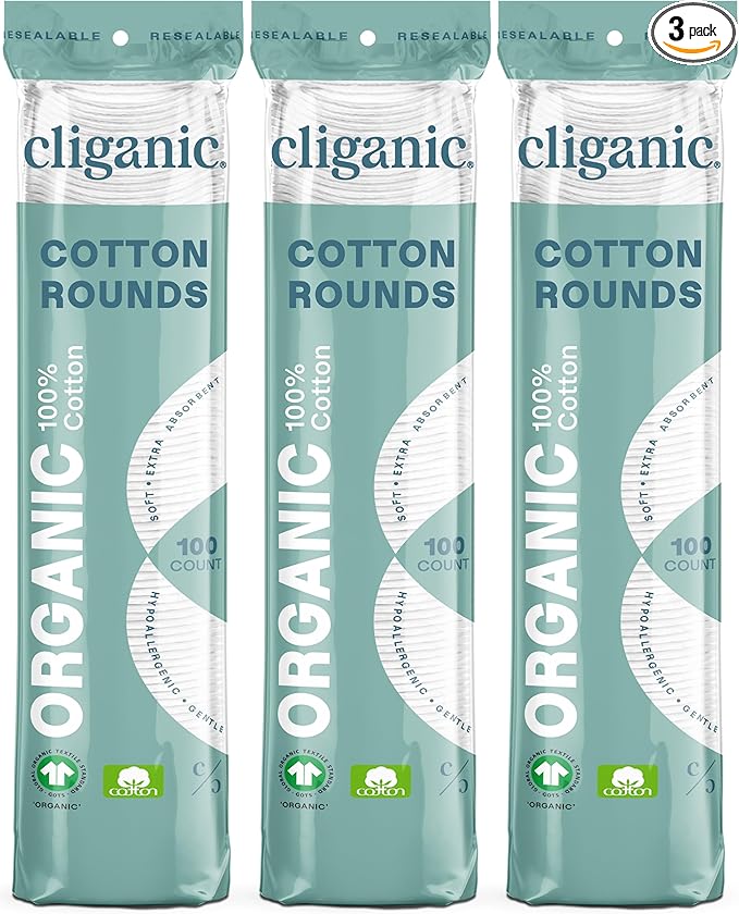 Cliganic Organic Cotton Rounds (300 Count) Makeup Remover Pads, Hypoallergenic, Lint-Free | 100% Pure Cotton
