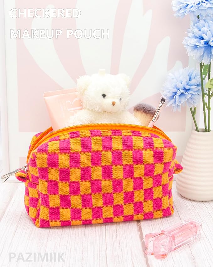 Checkered Makeup Bag for Purse, Small Cosmetic Pouch,Red Orange,2 Pack