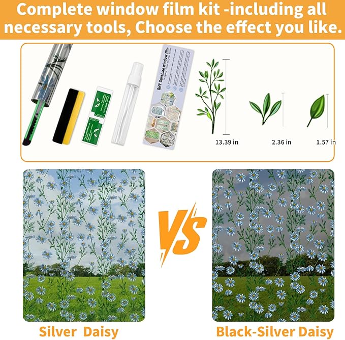 One Way Privacy Film, Window Tint for Home,Daytime Reflective, Anti UV Static Cling Sliding Door Coverings No Glue Garage Solar Paper (Black - Silver-Daisy, 45.27 x 78.7 in)