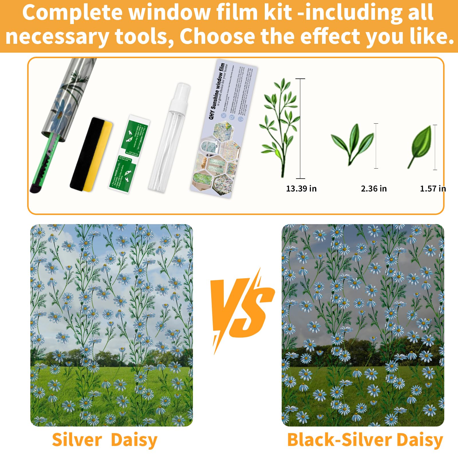 QHYsunshine One Way Privacy Film, Window Tint for Home,Daytime Reflective, Anti UV Static Cling Sliding Door Coverings No Glue Garage Solar Paper (Silver -Daisy, 45.27 x 78.7 in)