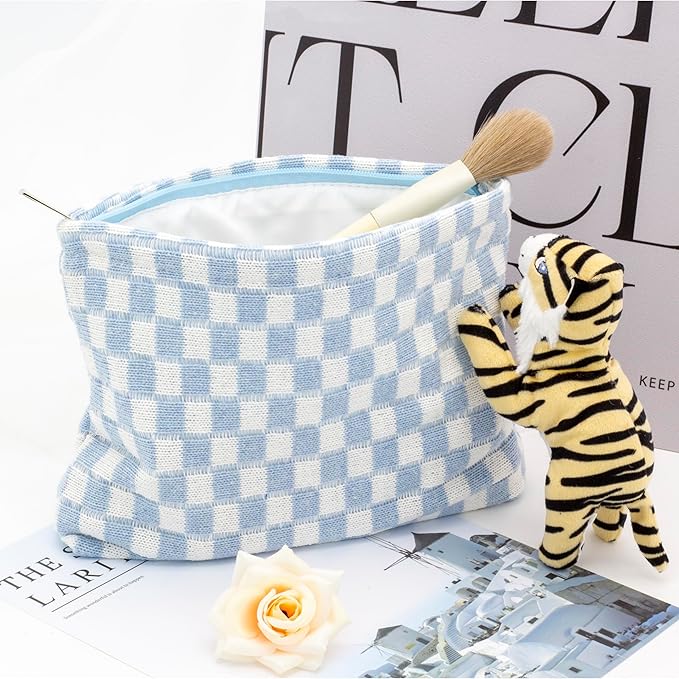 PAZIMIIK Checkered Makeup Bag for Purse, Small Flat Cosmetic Pouch,Blue
