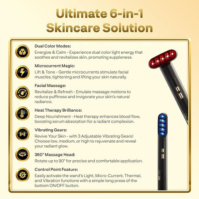 GLO24K 6-in-1 LED Beauty Wand for Face, Neck and Eye Area - Red & Blue LED Facial Wand with Gentle Warming, Vibration, Microcurrent Mode and 3 Intensity Levels
